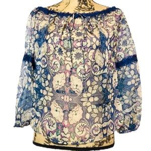 Foxiedox Sheer Floral Lace 3/4 Sleeve Blouse S